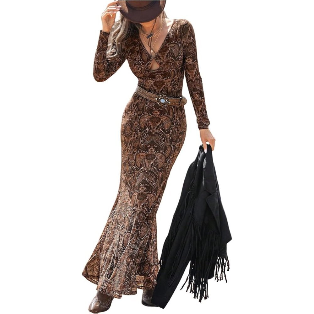 Women's Coffee Paisley Print Fishtail Long Sleeve V Neck Western Bodycon Dress
